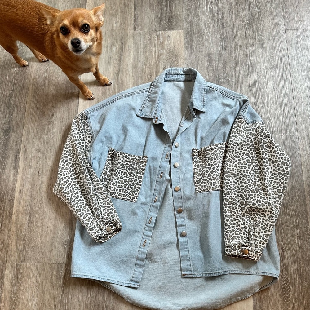 NEVER Worn, Denim with Leopard Print Shacket